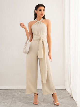 Beige 1950s Solid Lace-Up Halter Belted Jumpsuit