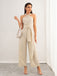 Beige 1950s Solid Lace-Up Halter Belted Jumpsuit