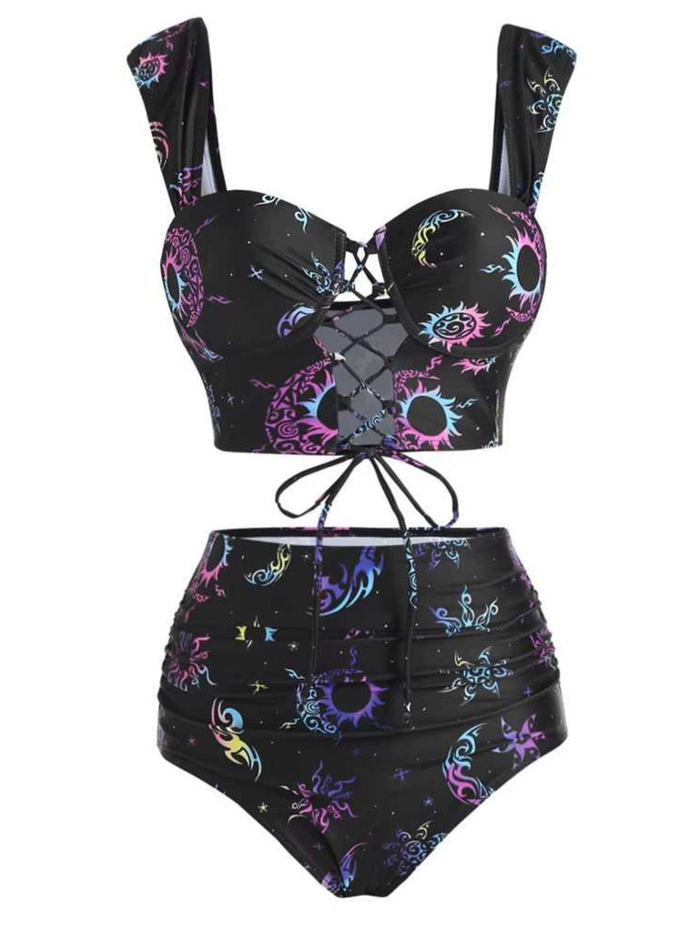 PreSale Black 1980s Strap Neon Nebula Print Gothic Bikini Gabal Global Group