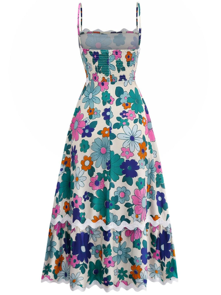1940s Floral Ruffle Trim Spaghetti Strap Dress