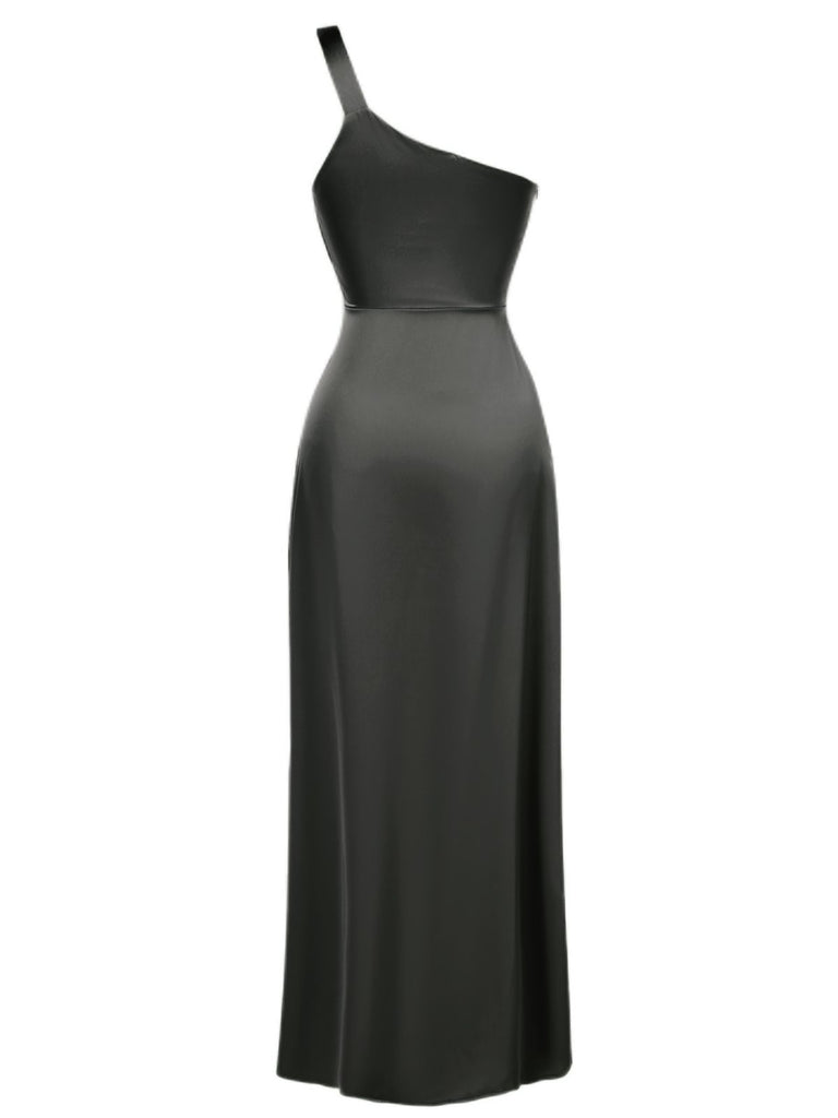 1940s Solid Satin One-Shoulder Dress