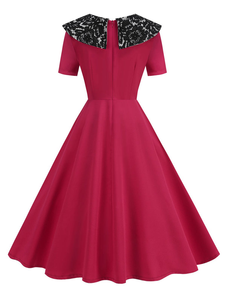 Red 1950s Lace Floral Sailor Collar Swing Dress