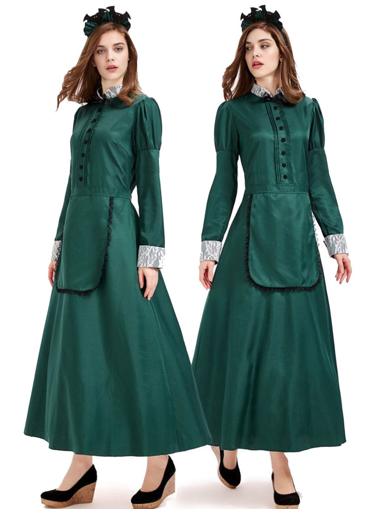 Green 1950s Victorian Satin Long Maid Dress