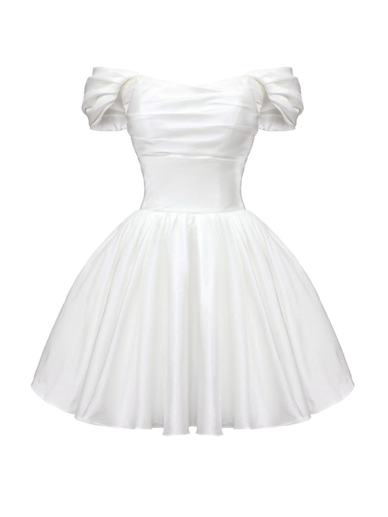 White 1960s Satin Off-Shoulder Mini Dress