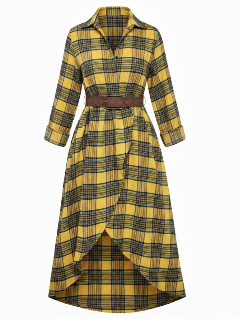 1940s Tartan Plaid Long Sleeve Belted Shirt Dress