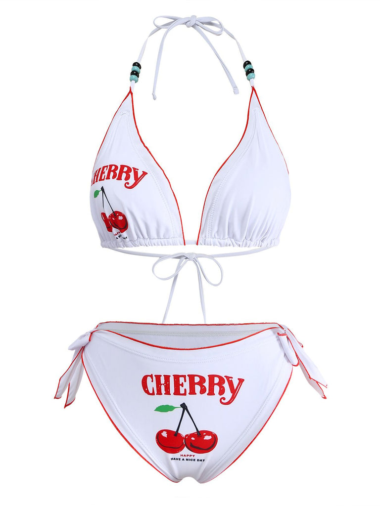 White 1970s Cherry Print Tie-Halter Bikini Set