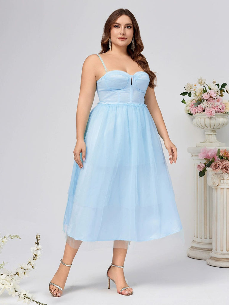[Plus Size] Blue 1940s Layered Spaghetti Strap Wedding Guest Dress