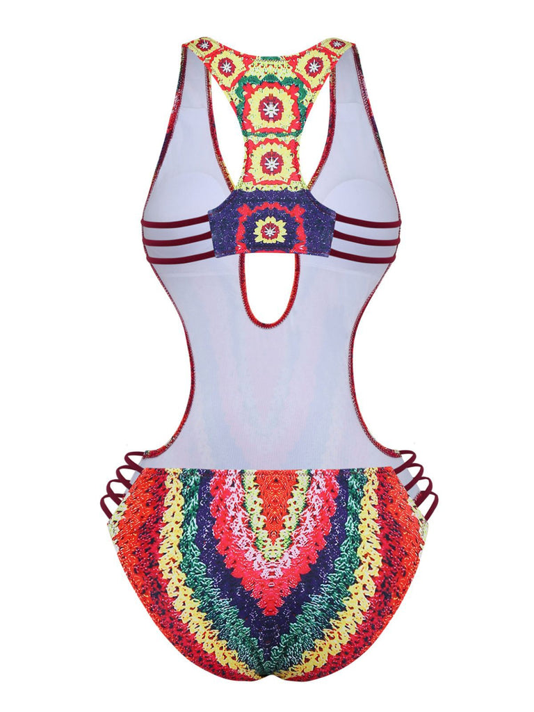 Multicolor 1960s Rainbow Cutout Strappy Faux Crochet Swimsuit