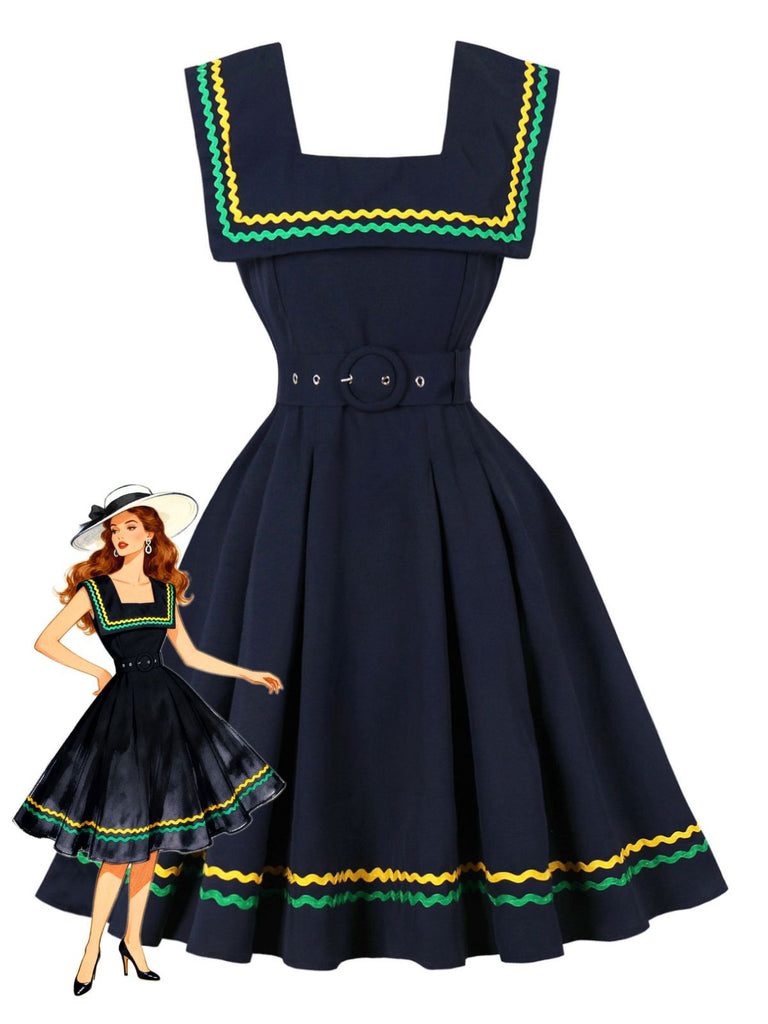 Navy Blue 1950s Square Neck Wavy Striped Sleeveless Dress