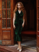 Green 1930s Button V-Neck Velvet Fishtail Dress