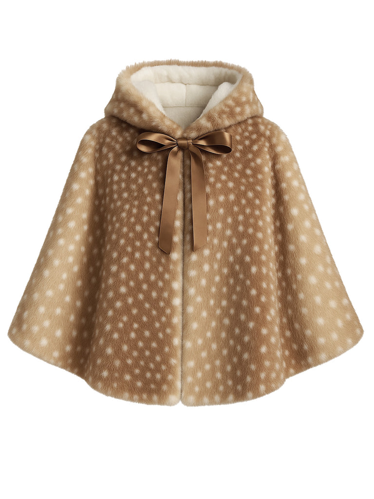 Khaki 1980s Deer Style Faux Fur Hooded Lace-Up Shawl