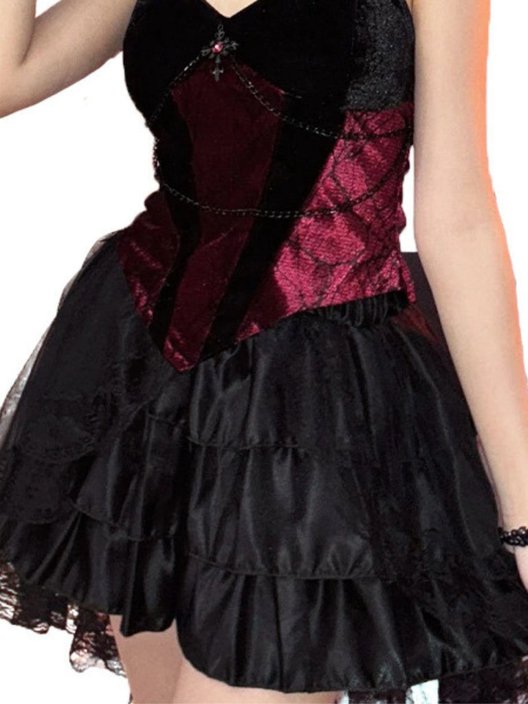 2PCS Red 1980s Gothic Cross Top & Lace Skirt
