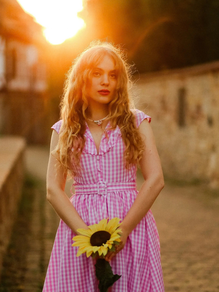 Pink 1940s Gingham Lapel V-Neck Belted Swing Dress