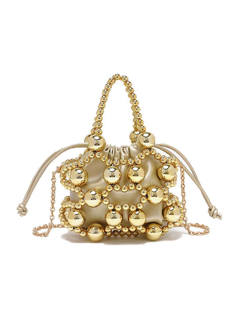Metallic Beaded Drawstring Mini Bucket Bag