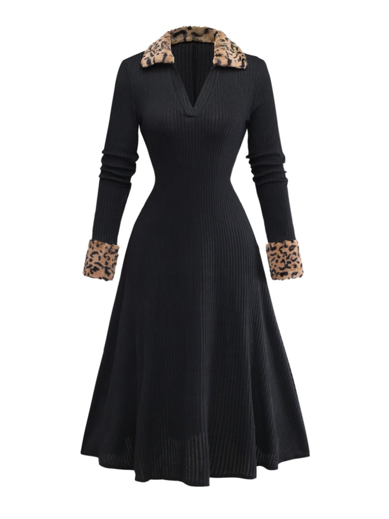 Black 1940s Leopard Faux Fur Trim Ribbed Knit Dress