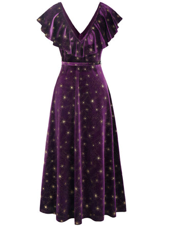 [Pre-Sale] Purple 1940s Velvet V-Neck Star Ruffle Dress