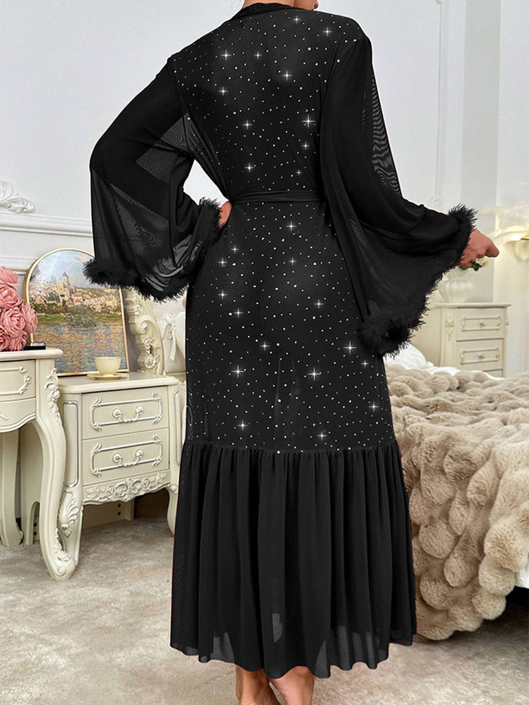 Black 1970s Sheer Glitter Mesh Belted Robes