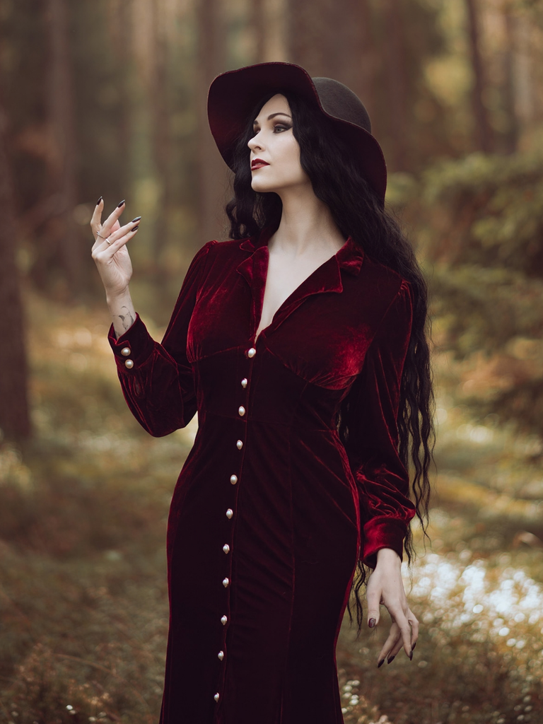 Red 1930s Velvet Pearl Lantern Sleeve Mermaid Dress