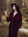 Red 1930s Velvet Pearl Lantern Sleeve Mermaid Dress
