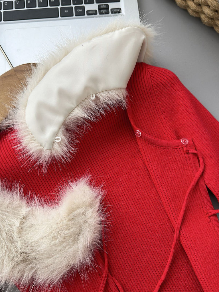 Red 1980s Detachable Fur Collar Tie Knit Cardigan