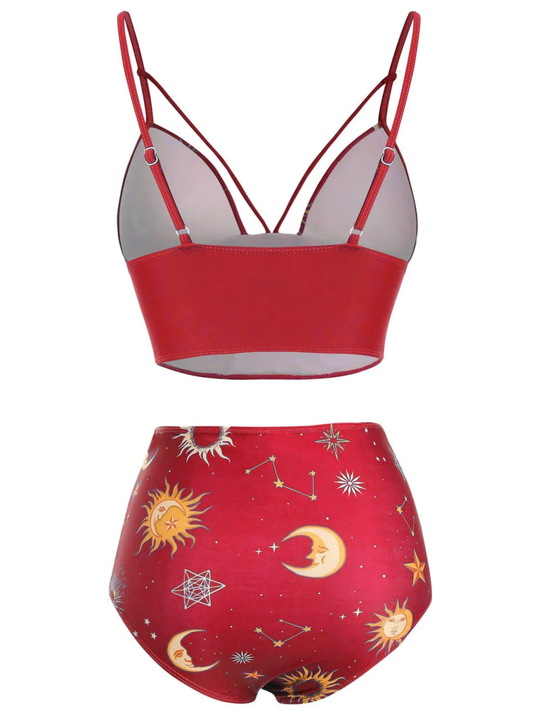 [Pre-Sale] Red 1940s Sun Moon Stars Lace-Up Swimsuit