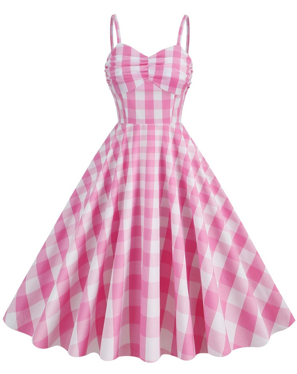 Retro Stage Pink & White Gingham Bobbie Swing Dress,L