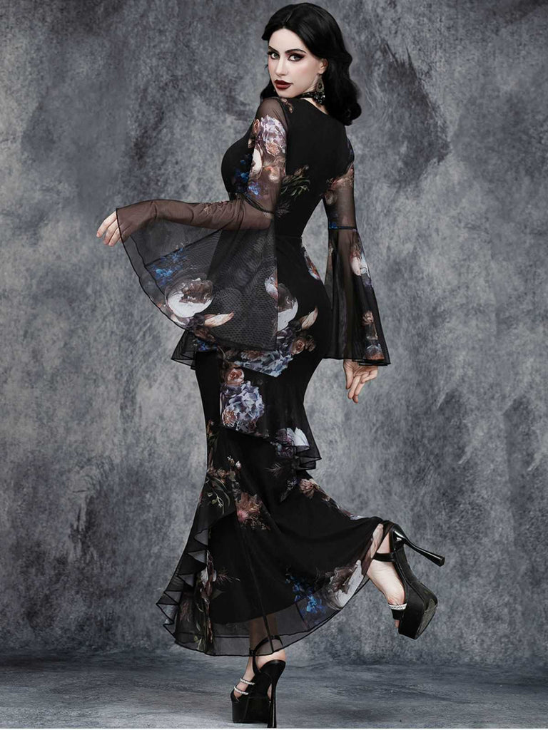 Black 1930s Floral Bell Sleeve Deep V-Neck Fishtail Dress