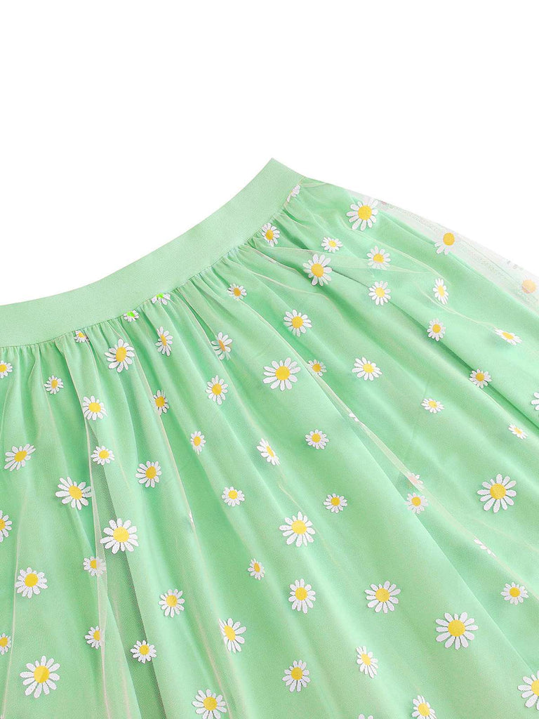 1940s Daisy Mesh High Waist A-Line Skirt