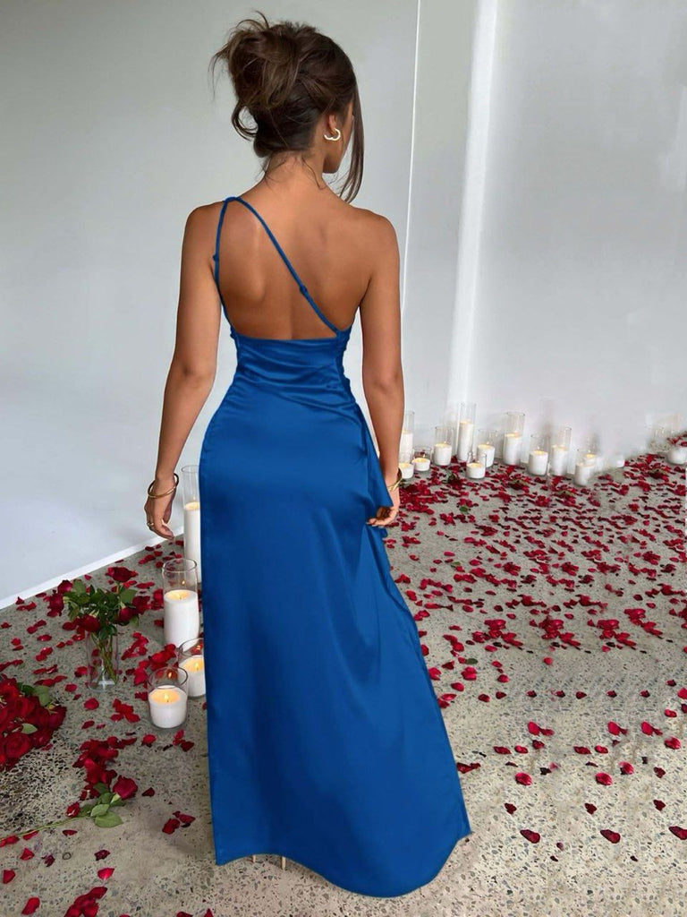 1960s One Shoulder Ruched Slit Satin Dress