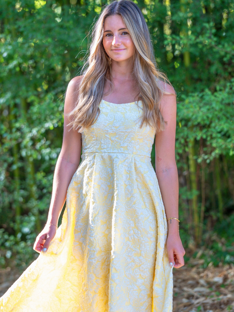 Yellow 1950s Floral Jacquard Textured Spaghetti Strap Midi Dress