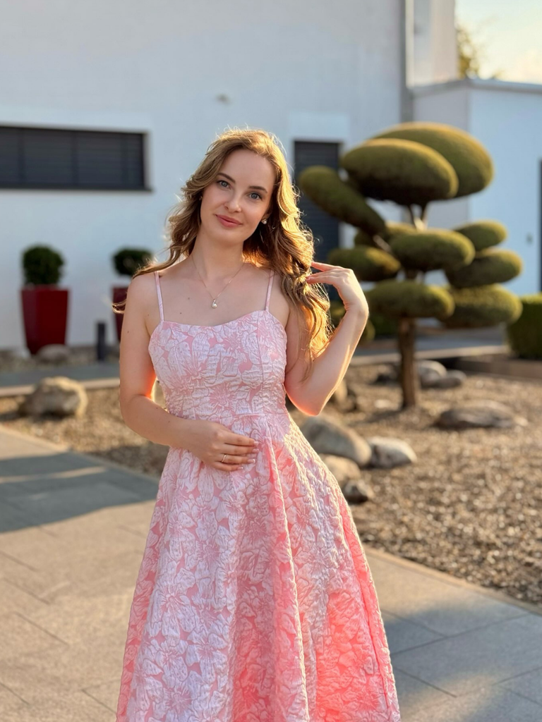 Pink 1950s Floral Jacquard Textured Spaghetti Strap Midi Dress