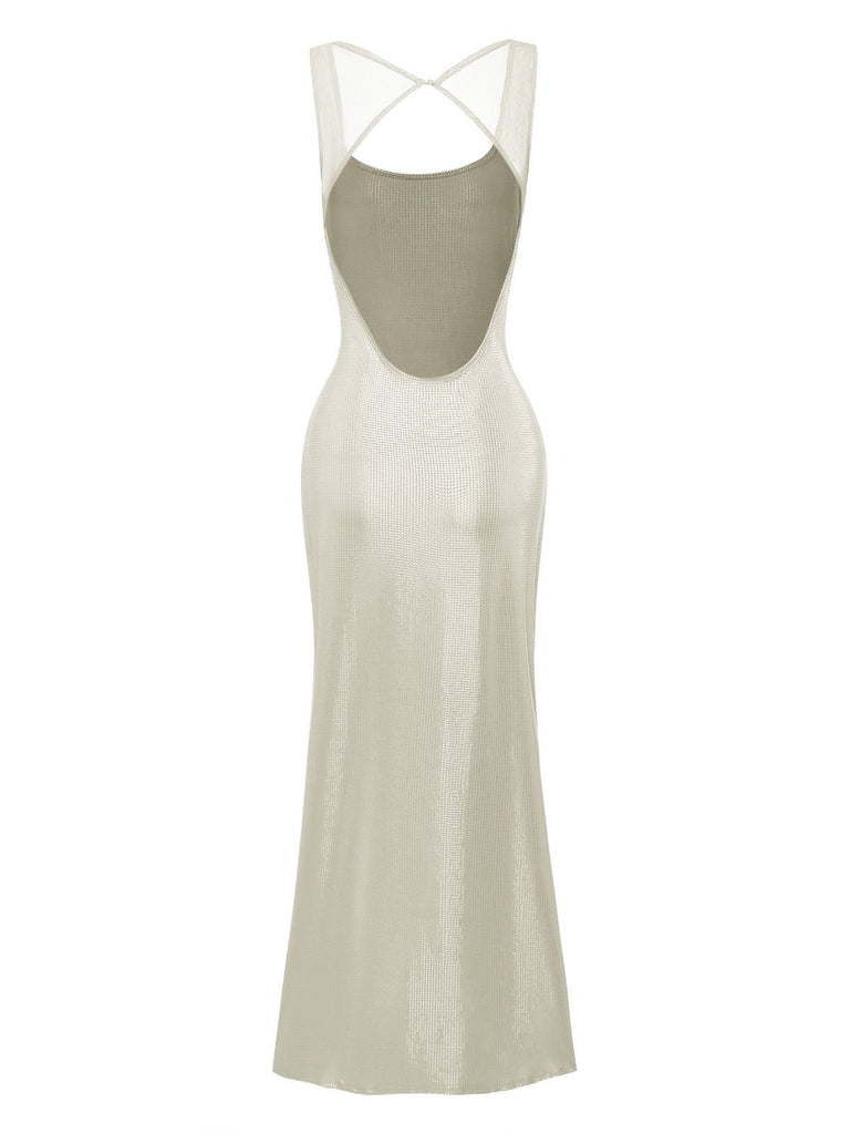 1980s Solid Sequined Mesh Buckle Square Neck Dress