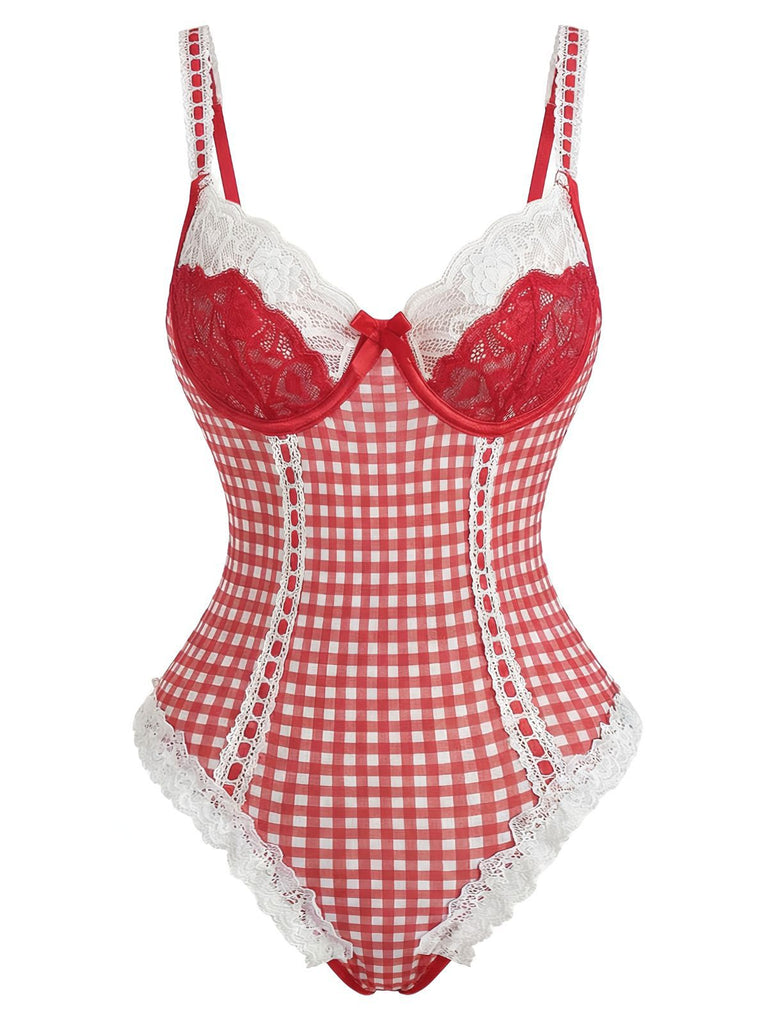 Red 1960s Gingham Lace Bow Bodysuit Lingerie