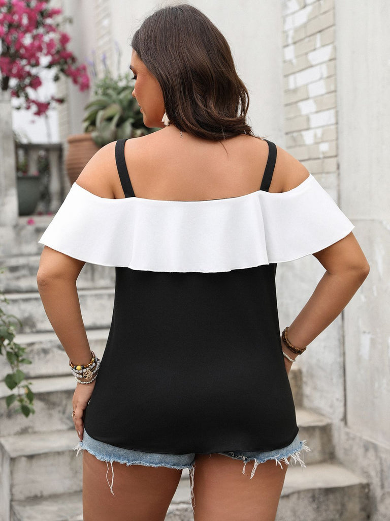 [Plus Size] Black 1960s Ruffle Cold-Shoulder Tie-Front Blouse