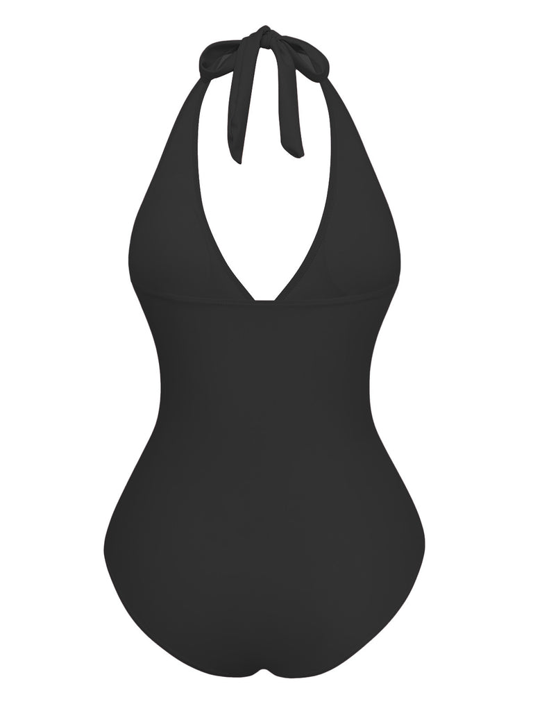 2PCS 1940s Deep V Halter Starfish One-Piece Swimsuit & Cover-Up