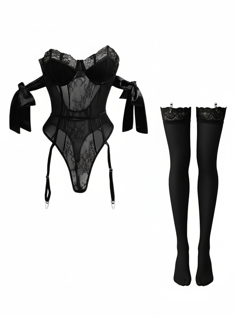 [Pre-Sale] 1980s Solid Bow Tie Bodysuit Pajama With Stockings Set