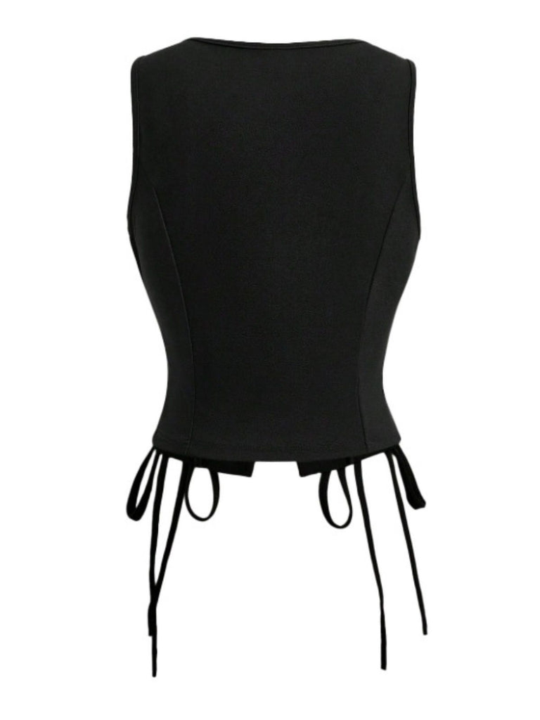 1970s Solid Waist-Tie V-Neck Vest