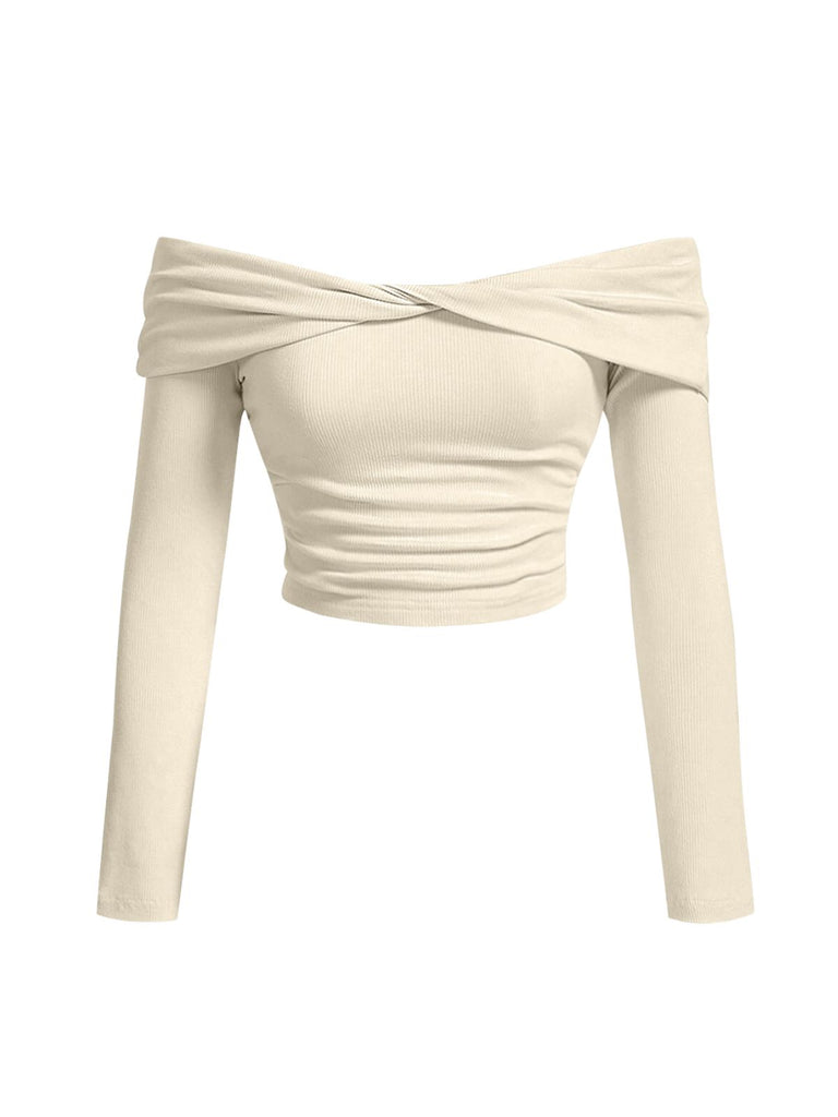 [Plus Size] Beige 1960s Off-Shoulder Ribbed Solid Top
