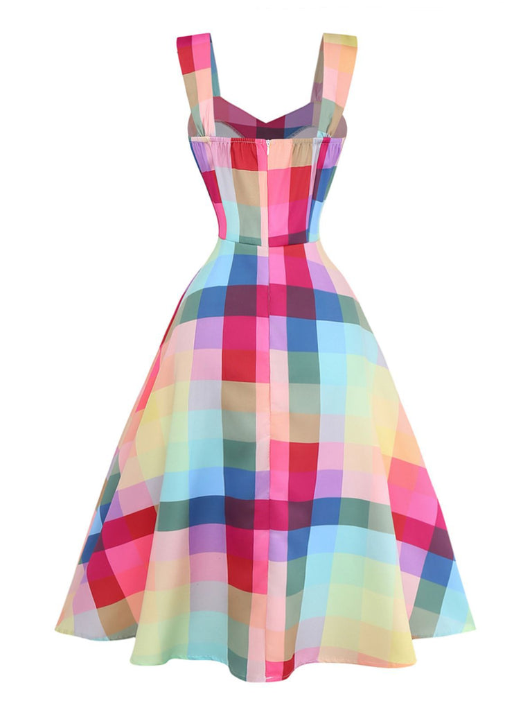1950s Colorful Plaid Wide-strap A-Line Dress