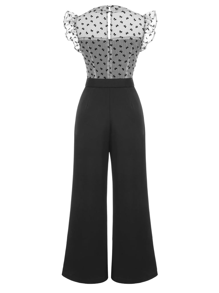 [US Warehouse] Black 1930s Mesh Bow-knot Patchwork Jumpsuit