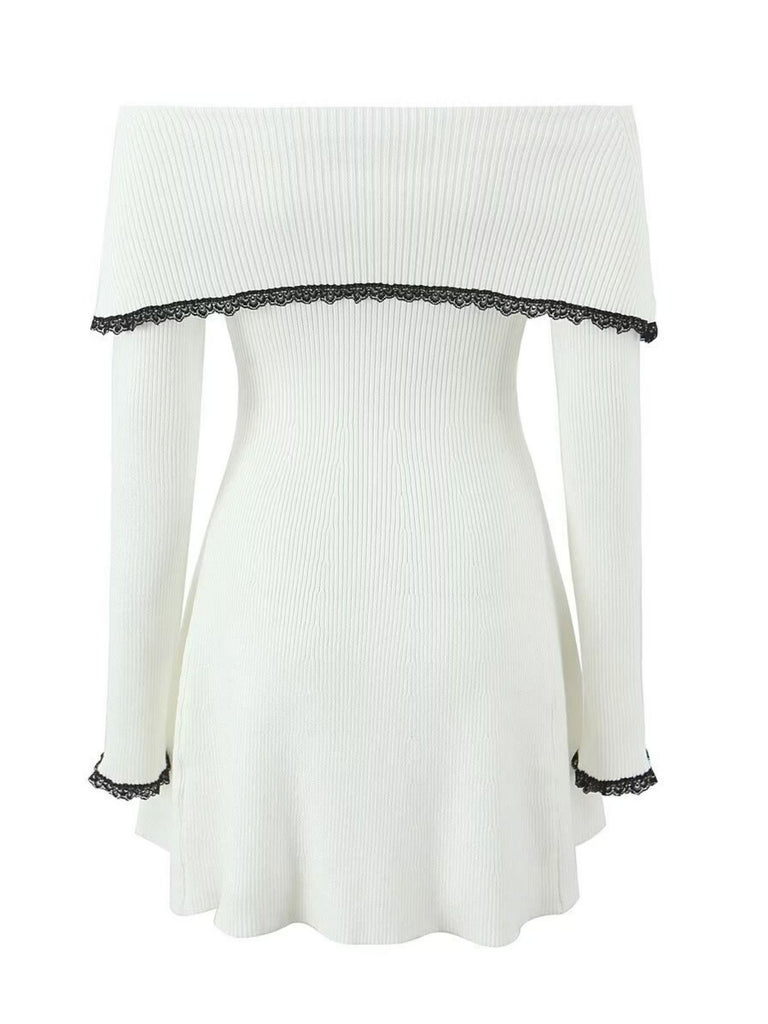 White 1970s Off-Shoulder Lace Knitted Dress