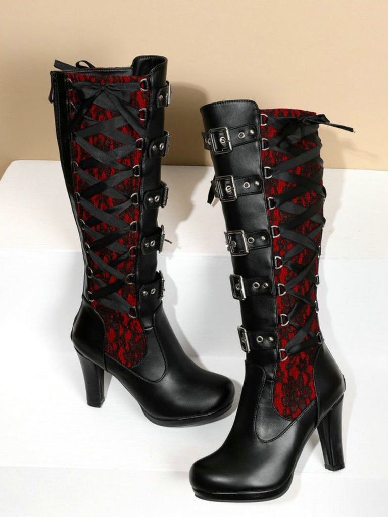 Vintage Punk Lace-Up Lace High Heel Boots