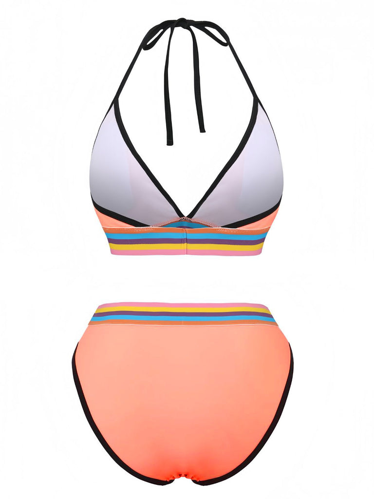 Pink 1940s Rainbow Striped Triangle Bikini Set