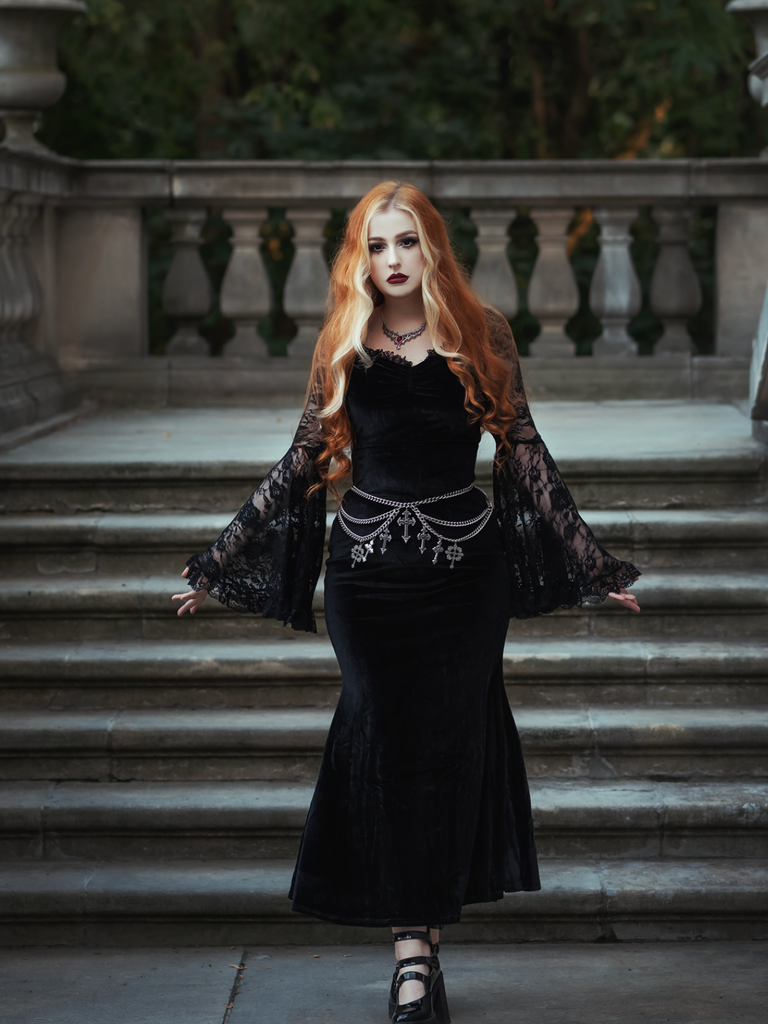 Black 1930s Lace Sleeve Velvet Fishtail Dress