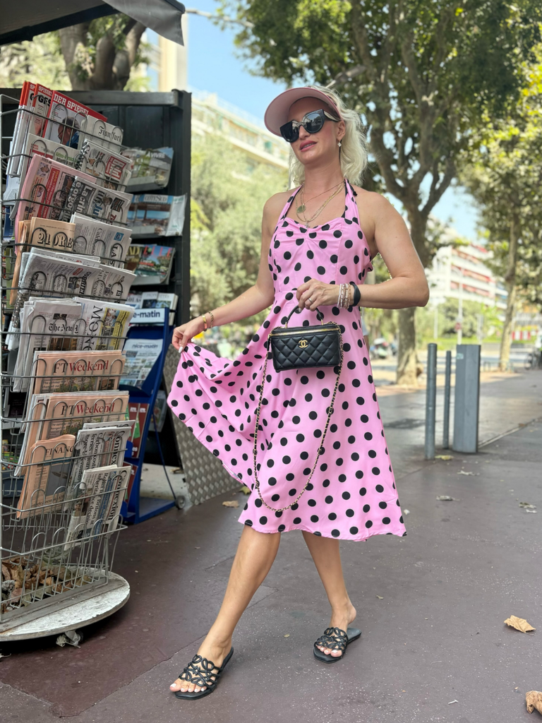 Pink 1950s Halter Contrast Polka Dots Belted Dress
