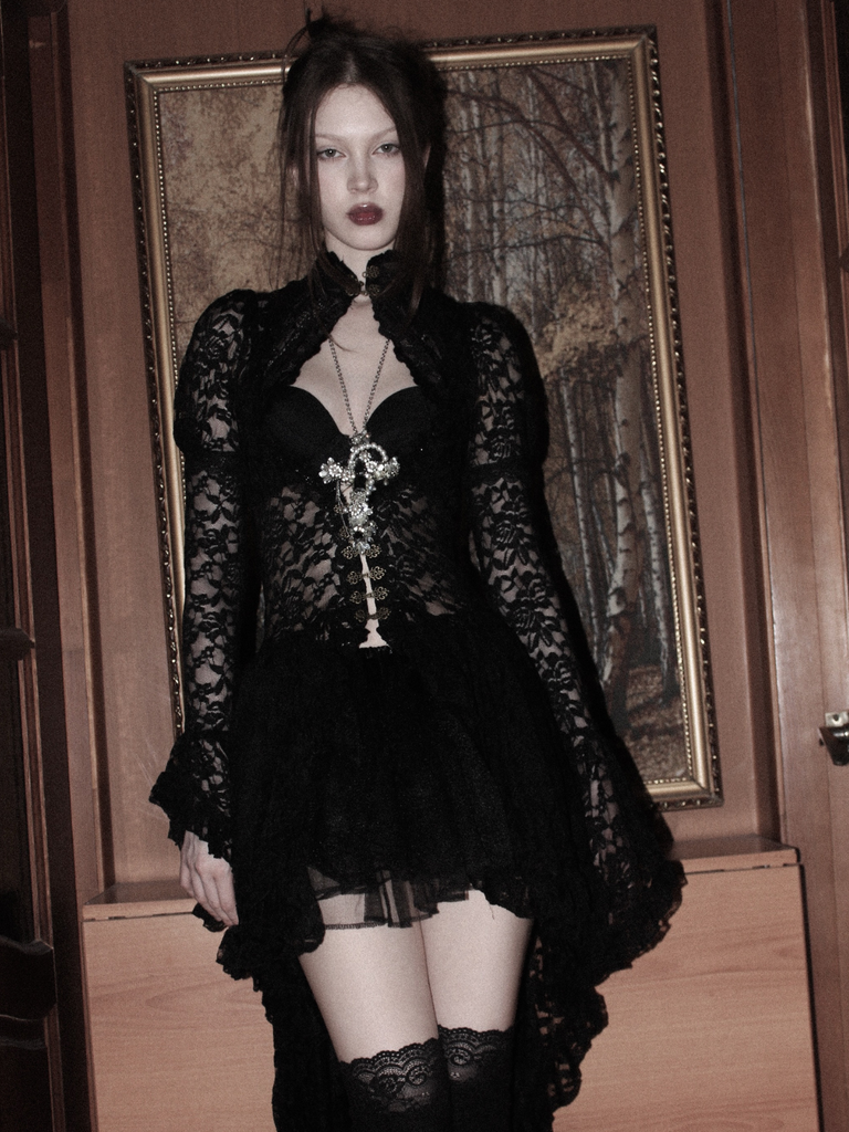 Black 1980s Gigot Sleeve Victorian Lace Dress