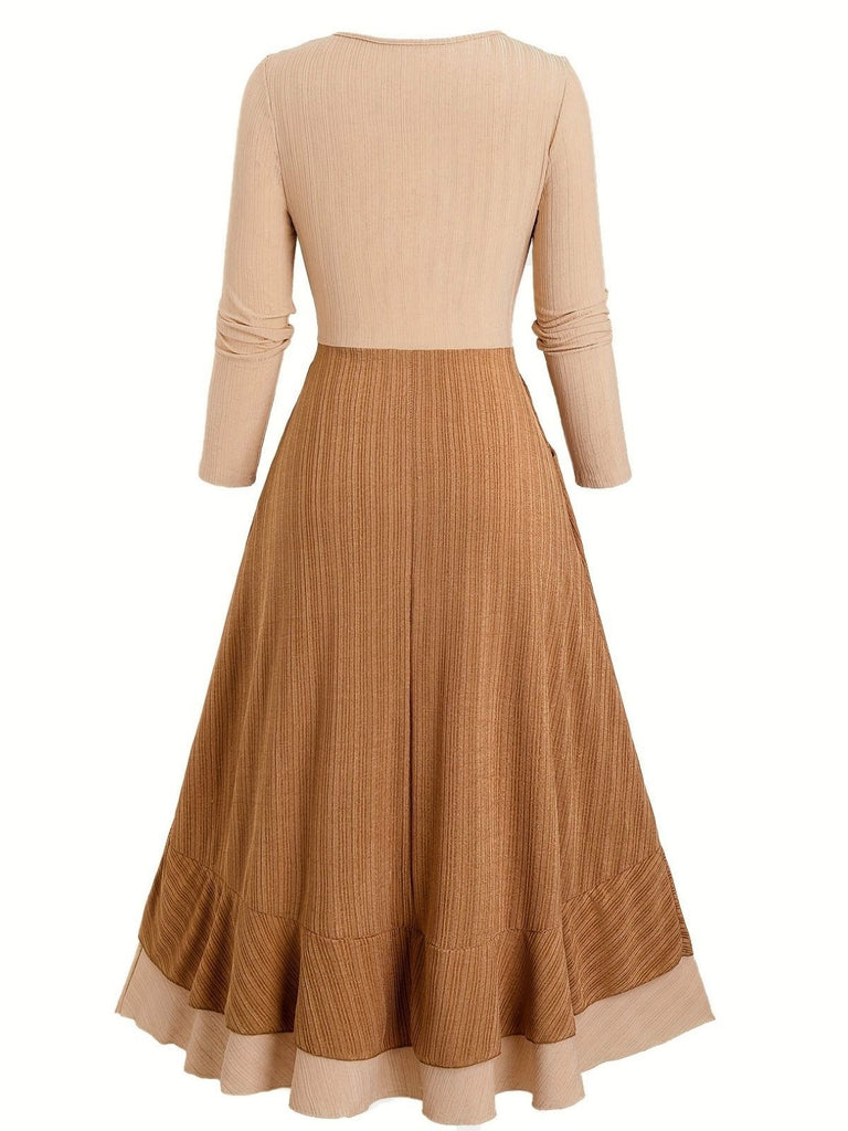 [Plus Size] 1970s Boho Tie Tassel Hem Ruffle Ribbed Dress