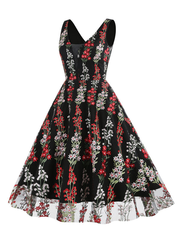 1950s Embroidered Floral V-Neck Swing Dress – Retro Stage - Chic ...