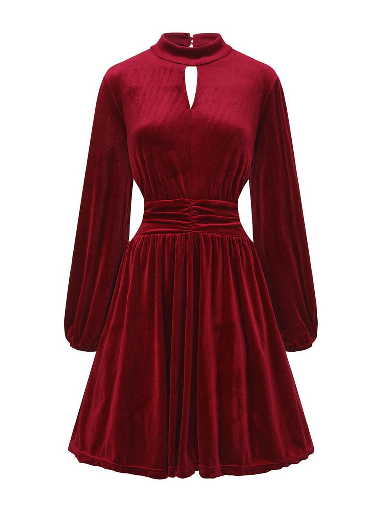 1940s Velvet Cutout Pleated Lantern Sleeve Dress