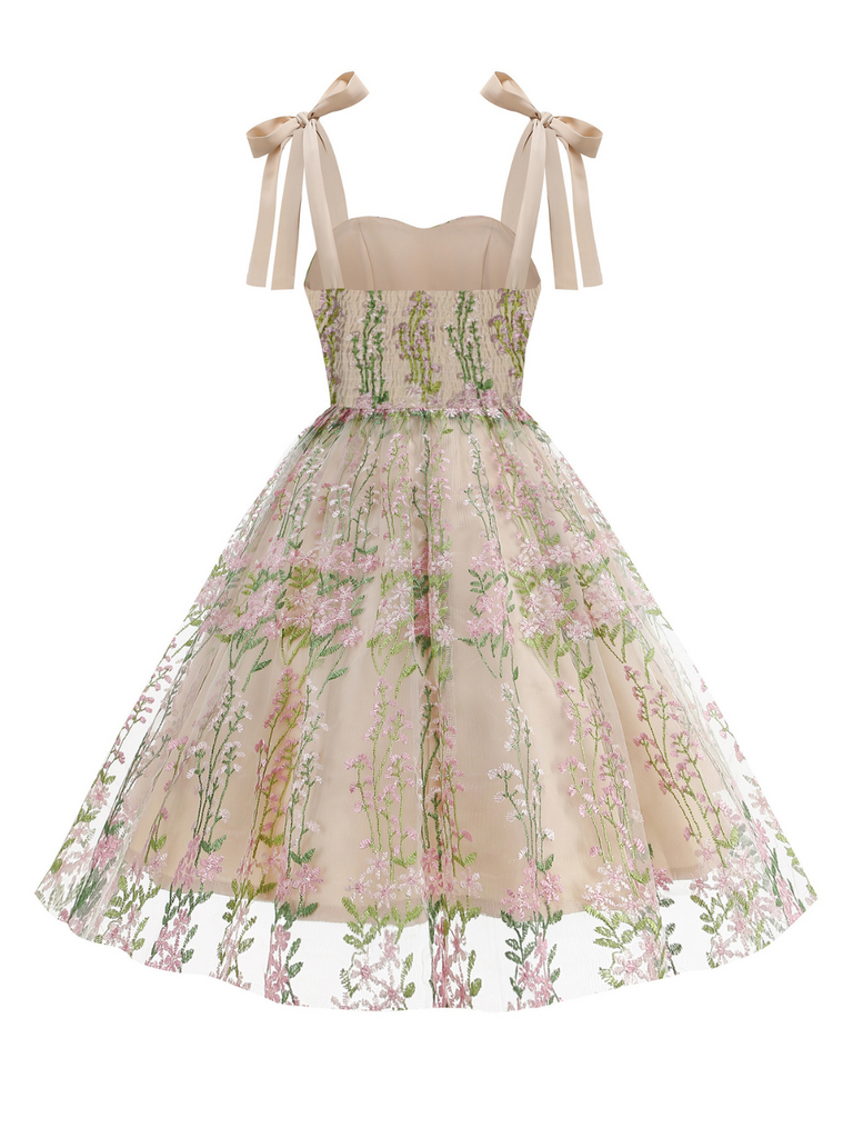 1950s Embroidered Mesh Lace-Up Sweetheart Neck Dress